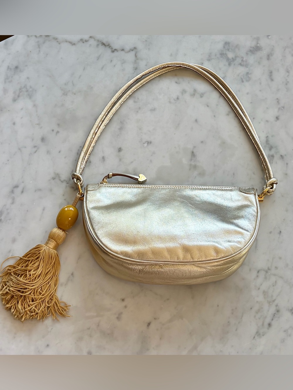 Escada Leather Shoulder Bag, zip, double strap, tassel charm, gold, EUC - Picture 4 of 15